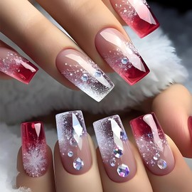 SINSEN Press on Nails Medium Length - Gradient Red White Press on Nails Square with Diamond Designs, Glossy Finished Glue on Nails, Reusable Stick on Nails in 12 Sizes - 24Pcs Acrylic Fake Nails Kit