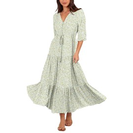 Womens Summer V Neck Maxi Long Dress 2025 Fashion Casual Flowy Boho Beach Vacation Sundress Green Floral