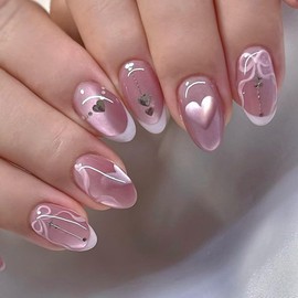 Cat's Eye Press on Nails Almond Medium Fake Nails French Tip Glue on Nails Press ons Cute False Nails with Heart Bow Design Artificial Acrylic Nail Kit Glossy Stick on Nail for Women Manicure 24Pcs