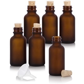 JUVITUS 1 oz / 30 ml Frosted Amber Glass Boston Round Bottle with Cork Stopper Closure (6 Pack) + Funnel