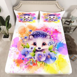 Cartoon Hedgehog Kids Fitted Sheet Twin Size,Watercolor Tie-dye Boho Exotic Bedding Set,Boys Girls Adults Room Decor,Wild Animals Flowers Romantic Bed Cover,Cute Bed Sheet,1 Pillowcase