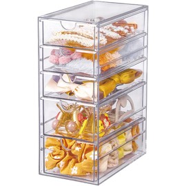 Caja organizadora de accesorios para el cabello transparente con 5 cajones, contenedor para corbatas de pelo para baño, clóset, computadora, oficina (5 cajones)