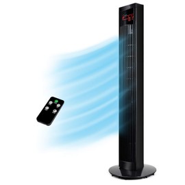 HealSmart 48-Inch Electric Oscillating Tower Fan with Remote Control for Indoor with 3 Speeds, 3 Modes, 12H Timer, Bladeless Fan, Bedroom and Home Office, Black