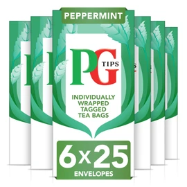 PG Tips Teabags Peppermint, Individually Wrapped Tea Bags, 25 Herbal Infusion Tea Bags Individually Wrapped, Refreshing & Minty Tea, Tea Bags Bulk Pack of 6 (Total 150 Teabags)