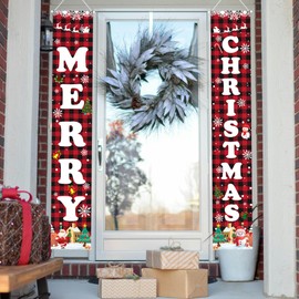 Christmas Decorations Red Black Buffalo Plaid Banner Xmas Porch Door Sign Welcome Banner for Wall Home Party Decor Merry Christmas Decorations Indoor Outdoor