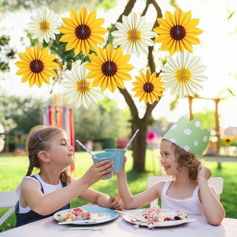 9 PCS Sunflower Paper Fan Decorations Set, Yellow and White