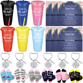 Skylety 24 Pcs Teacher Appreciation Gift Set Teacher Gifts from Student It Takes a Big Heart Plastic Cups Teach Love Inspire Socks Keychains Bracelets Graduation Gifts