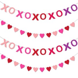 Yilloog 4 Pcs Felt XOXO Banner Valentines Decorations Pink Felt Ball Garland Banner Hanging Banner Valentines XOXO Decor for Anniversary Wedding Valentine's Day (XOXO and Heart)