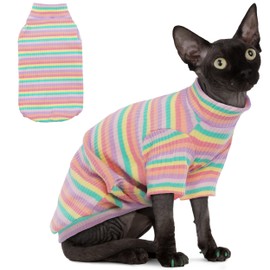PUMYPOREITY Sphynx Cat Clothes, Soft Hairless Cats Shirt with Sleeves, Stretchy Cat Sweater, Pullover Cat Pajamas Jumpsuit, Turtleneck Cat Outfit for Sphynx Cornish Rex, Devon Rex, Rainbow, L