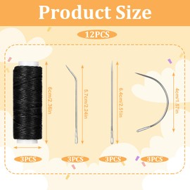 HJZHII Hair Needle and Thread Set, 12pcs Hair Extension Tools 3 Rolls Hair Weave Sewing Threads with 9pcs C J I Shape Curved Upholstery Needles for Hand Sewing Hair Weave Extension Making Wig