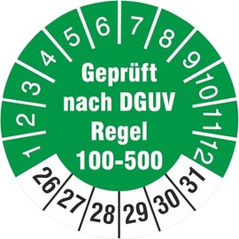 100 pieces tested according to DGUV rule 100-500 test labels test badges 30 mm round operation of work equipment 2022-27