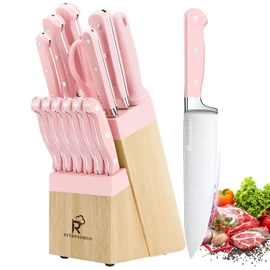 Pink Knife Set,14 Pieces Professional Kitchen Knife Set with Universal Knife Block, Super Sharp Knife Set with Ergonomic Handle Non-stick Stainless Steel Knife Block Set (Pink-14 Pieces)