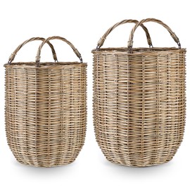 Boao Set of 2 Handwoven Rattan Storage Basket with Handles - Large Round Rattan Wicker Organization Baskets for Home Planter Decor, Living Room Blanket, Laundry Hamper