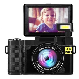 48MP 4K HD Digital Camera, 3-Inch Flip Screen With Auto Focus and Face Beautifying, 16X Zoom Anti-Shake Point and Shoot Camera (Black)