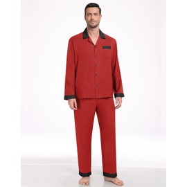 YOPUGEE Pajamas Sets for Men Lightweight Classic Botton Down Christmas Mens Pajamas Long Sleeve Sleepwear Pjs, Red-L