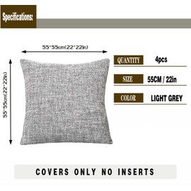 GONOVE Cushion Covers 55×55cm Solid Soft Cotton Linen Throw Pillow Cover Set of 4 Decorative Plain Pillowcase Square Cushion Cover for Home Sofa Bed Chair Décor, Light Grey