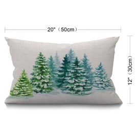 BGBDEIA Watercolor Painting Cushion Cover Farmhouse Coniferous Trees Winter Snow Landscape Green Decorations Pillow Cover Case for Sofa Couch Cotton Linen 30 x 50 cm 12x20 Inches
