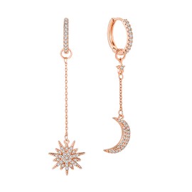 JIANGYUE Sun and Star Chain Tassel Dangle Drop Hoop Earrings for Women with Asymmetric Cubic Zirconia Huggie Earring Jewelry Gifts for Mom