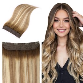 Youngsmile Wire Hair Extensions 14inch Invisible Line Wire for Real Human Hair Exteniosn Balayage Brown Fading to Ash Brown Highlight with Medium Blonde Straight 70g Human Hair (wire#3/8/22-14inch)