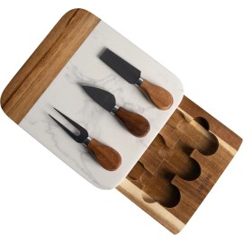 Cheezcare White Marble Cheese Board - Acacia Wood - 3-Knife Set - Charcuterie