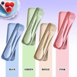 Lnrkai Travel Utensils Set with Case, 4 Sets Wheat Straw Reusable Spoon Knife Forks Tableware, Portable Cutlery Set for Lunch Box Accessories for Adults Kids Travel Picnic Camping or Daily Use