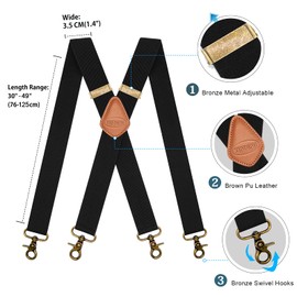 MENDENG Suspenders for Men Black Bronze Snap Hooks for Belt Loops Elastic X Back