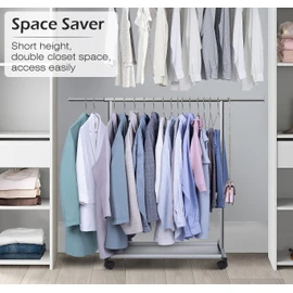 MISSLO Short Clothing Racks for Hanging Clothes with Bottom Shelves and Wheels Heavy Duty Rolling Clothes Rack Kids Clothing Rack for Adult Coat, Closet, Wardrobe