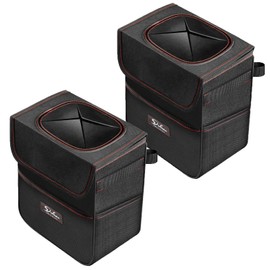 Simple Deluxe 2 Pack Car Trash Can with Lid, Leak-Proof Garbage Can with Storage Pockets, Collapsible Multipurpose Trash Bag for Accessories, 2 Gallon, Black