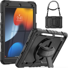SEYMCY SEYMCY for iPad 9th/8th/7th Generation Case 10.2 inch, Shockproof Sturdy Cover with 360 Rotating Hand Strap & Stand, Screen Protector, Shoulder Strap, Pen Holder for iPad 9/8/7 gen 2021~2019, Black