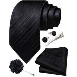 Ailisus Black Striped Tie and Handkerchief,Tie Clip Cufflinks Lapel Pin Set Wedding Party Silk Solid Necktie Set Formal
