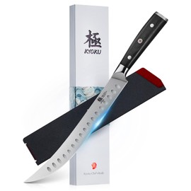KYOKU 10" Scimitar Knife, Samurai Series Cimitar Breaking Knife with Pakkawood Handle, Japanese Style High Carbon Steel Butcher Knife, Full Tang Meat Slicing Knife for Roast Ham with Sheath and Case