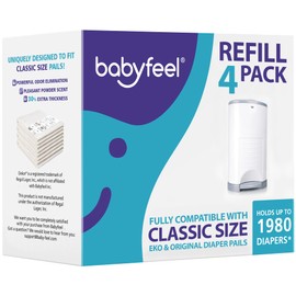 Babyfeel Refills Compatible with DEKOR CLASSIC Diaper Pails | 4 Pack | Exclusive 30% Extra Thickness | Diaper Pail Refills with Powerful Odor Elimination | Powder Scent | Holds up to 1980 Diapers