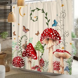 Boho Mushroom Shower Curtain Retro Floral Plants Moon Stars Vintage Botanical Watercolor Wildflowers Aesthetic Leaves Bathroom Decor Set with Hooks 72x72 Inch Mid Century