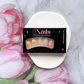 Short Almond Press on Nails French Tip Fake Nails 3D Flower False Nails with Yellow Pink Designs Glossy Full Cover Glue on Nails Spring Summer Flowers Stick on Nails for Women Manicure Decoration