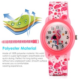 ele ELEOPTION Unisex Kids Digital Quartz Waterproof Cute Cartoon Round Dial Washable Elastic Wrist Watch with Nylon Strap, Flamingos, Pink Band