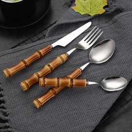 bamboo silverware set for 6,18/8 stainless steel bamboo handle flatware sets cutlery set for dinning,forks and spoons set for home and kitchen, gift for mother and wife