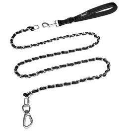 PUPTECK Chain Dog Leash Chew Proof, 2-in-1 Reflective with Soft Padded Handle for Medium Large Dogs, Durable Heavy Duty Metal Chain Anti Bite Dog Rope Walking Training Leashes, 6 FT Black