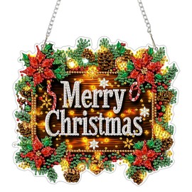 Merry Christmas Diamond Art Hanging Kits for Adults, Diamond Painting Pendant Kits, DIY Acrylic 5D Special Shaped Crystal Diamonds Gem Art Painting Ornament for Home Wall Decor Gift