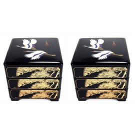 JapanBargain 4119x2, Jubako Box Japanese Traditional 3 Tiers Stack Box Food Candy Snack Container Bento Box Made in Japan, Plastic Lacquered, Black Crane, 2-Pack
