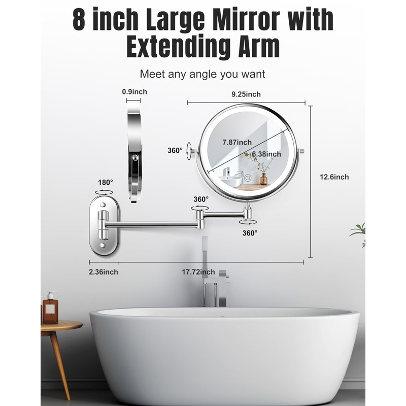 Wall Mounted Makeup Mirror with Light, 20X/1X 8'' Double Sided