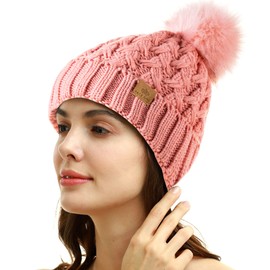 PAGE ONE Womens Winter Ribbed Beanie Crossed Cap Chunky Cable Knit Pompom Soft Warm Hat Rose Pink