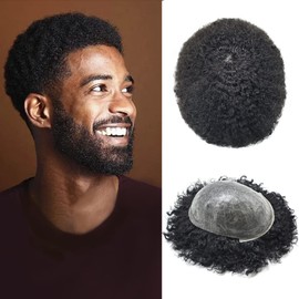 FACE MIRACLE Afro Toupee for Black Men All Poly Mens Toupee Brazilian Human Hair Replacement System African American Man Hairpiece Hair Units for Black Man 8MM WAVE #1B OFF BLACK