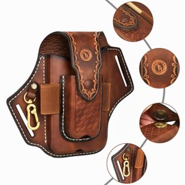 Tourbon Multi-Tool Leather Belt EDC Pocket Organizer Phone Pouch for Men with Flashlight Pen Holder Keychain Brown
