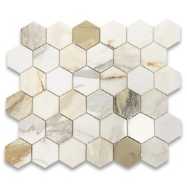 Calacatta Gold Marble 2 inch Hexagon Mosaic Tile Polished for Kitchen Backsplash Bathroom Flooring Shower Surround Dining Room Entryway Corrido Spa (1 Sheet)