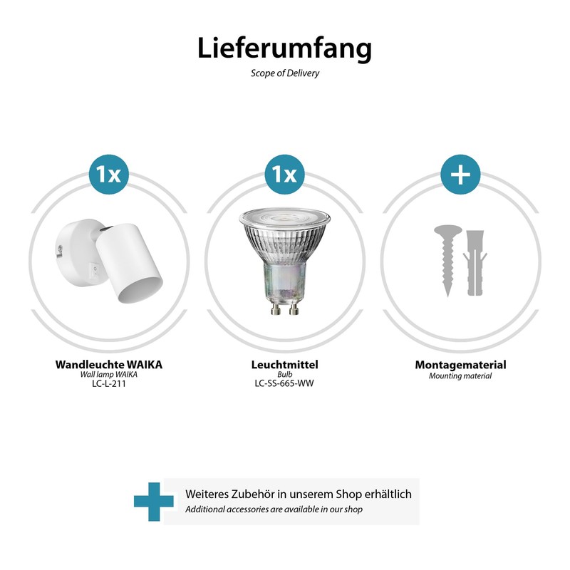 ledscom.de WAIKA Wall Spotlight with Switch, GU10 LED, PAR16, Warm