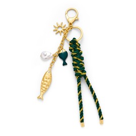 TOVABA Fish Keychain Purse Charms for Handbags Green Rope Knot Bag Charm Ocean Style Sun Fish Gold Keychain Purse Backpack Charms for Summer Beach Bag Charm Key Accessories