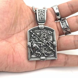 BOLFFU St George Saint Medal Cross Shield Protection Amulet Faith Necklace, Holy Warrior Religious Back Bible Cross Biker Pendant, Titanium Metal, Agate