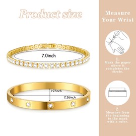 MOTIBACK Gold Bracelet 2pcs Set – Crystal Zircon Gold Bangle Cuff & Cubic Zirconia Tennis Bracelet, Elegant Layered Dainty Chain Jewelry Gift Set for Women & Girls
