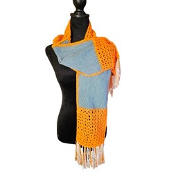 Upcycled Denim and Crocheted Scarf, Orange, White, Denim