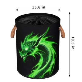 Green Dragon Large Laundry Basket, Kids Laundry Hamper with Handle, Round Collapsible Clothes Storage Organizer with Drawstring for Nursery Bathroom Bedroom